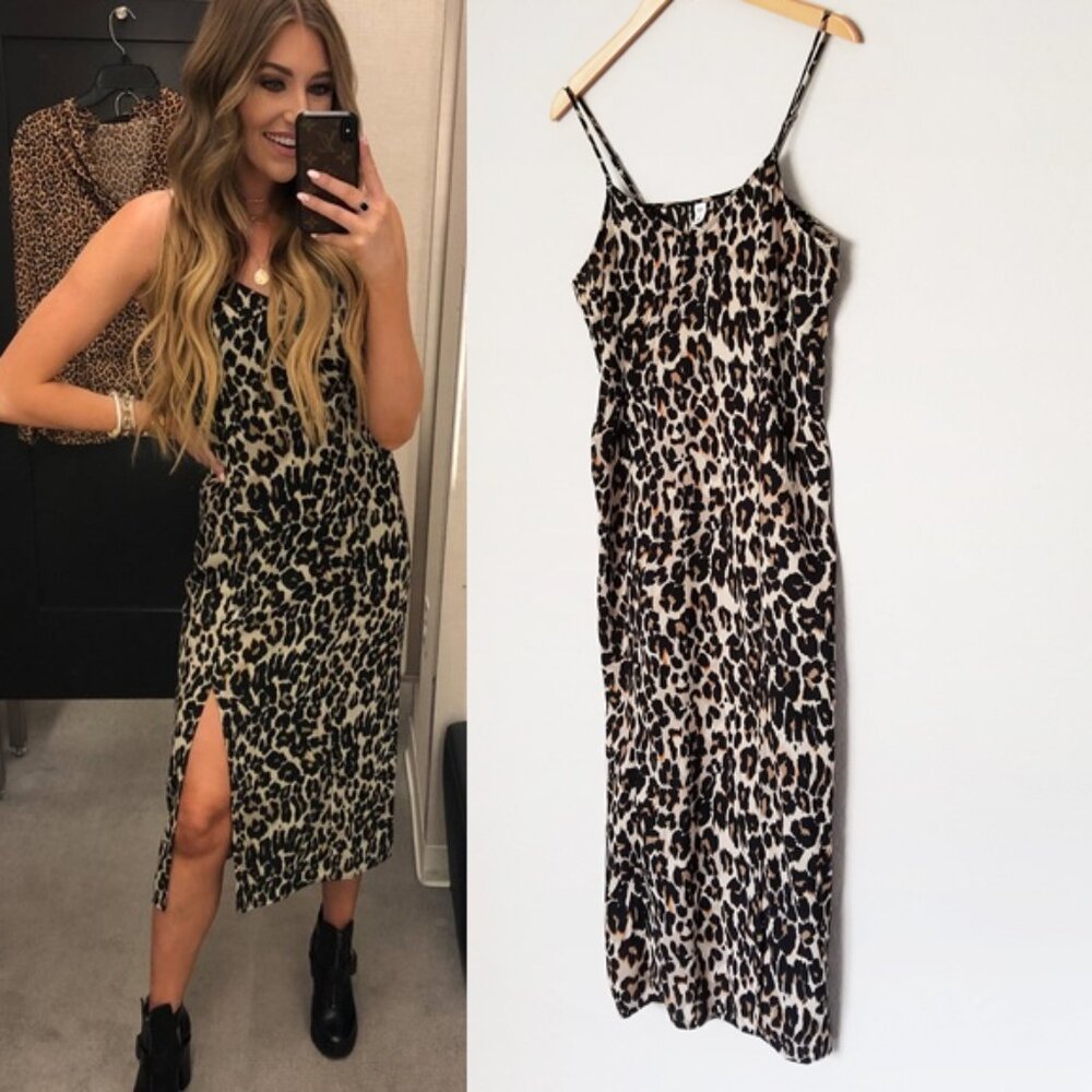 BP Nordstrom Leopard Midi Slip Dress M Side Slit Animal Print Y2K Retro Chic